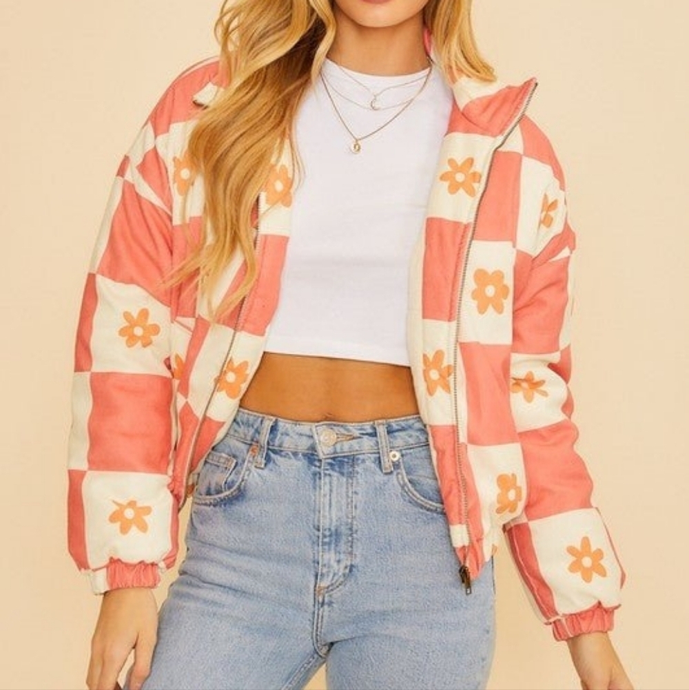 Floral Coral Checkered Women's Puffer Jacket